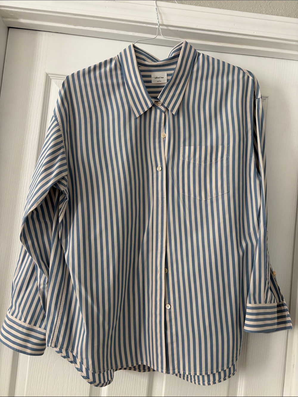 Aritzia Wilfred Blue and White Vertical Stripe Button-Down Shirt